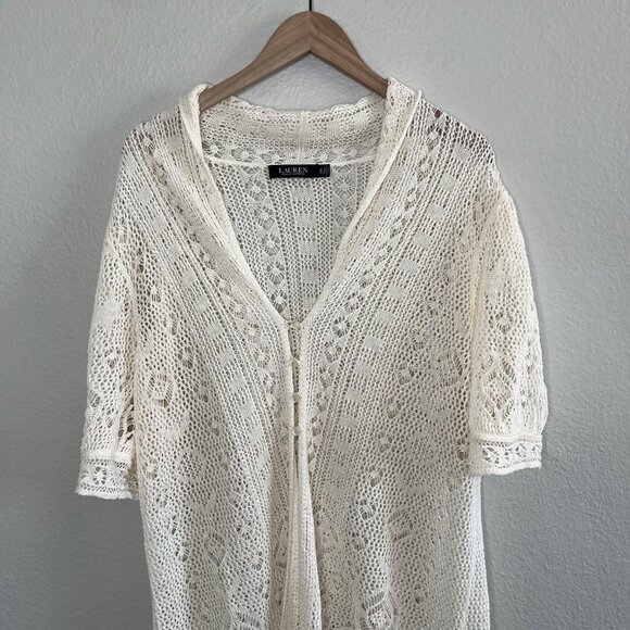 Lauren Ralph Lauren 1X White ivory Long Linen Crochet Cardigan Sweater - Picture 3 of 14